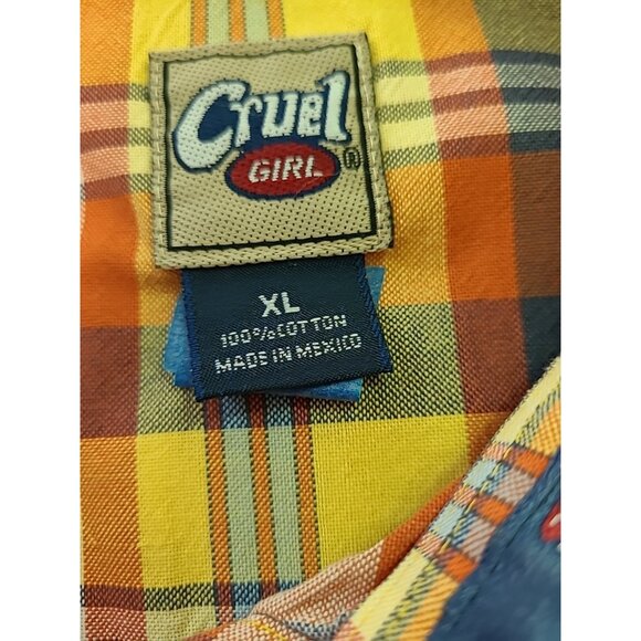 Cruel Girl Shirt Women XL Western Cowgirl Rodeo Button Up Orange Plaid - Picture 11 of 12